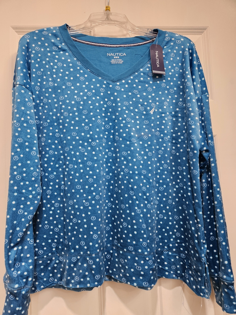 Nautica Teal-Blue Long Sleeve V-Neck Dot & Floral Print Top